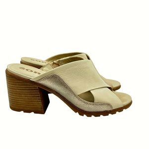 Sorel Nadia Mule Chunky Heel Tan Beige & Rose Gold Accent Rubber Grip Sole SZ 9